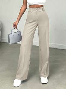 EURMUSE Women's Solid Color Elegant High Waist Long Straight Pants With Pleated And Button Details On Waist