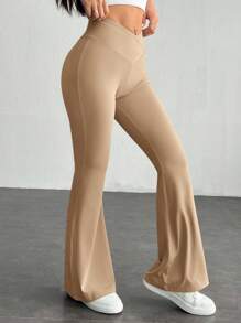 SHEIN PETITE 简约纯色裹身高腰喇叭裤 - 杏色 - 查看 7