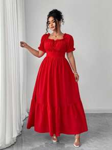 SHEIN Elenzya 优雅大码女式夏装，日常和度假装，露背系带，超大下摆收腰，迷人的 A 字形轮廓，方领 - 紅色 - 查看 3