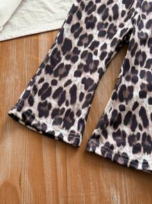 Set van 2 stuks voor baby's/peutermeisjes: T-shirt met luipaardprint en broek met uitlopende pijpen, casual, comfortabele en modieuze outfit voor babymeisjes om in de zomer te dragen