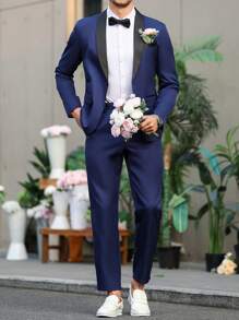 Manfinity Mode Men's Shawl Collar Long Sleeve Jacket And Pants Suit Set - Navy Blue - View 7