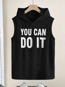 SHEIN Leap Crew Black Casual Sleeveless Top For Teen Boys, Sporty Street Punk Rock Preppy For Everyday Wear, Party, Music Festival, Suitable For Spring & Summer