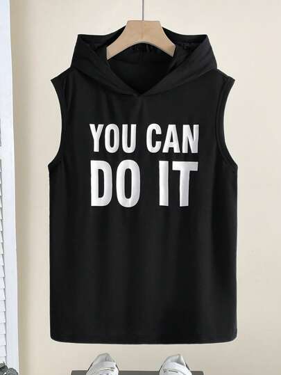 SHEIN Leap Crew Black Casual Sleeveless Top For Teen Boys, Sporty Street Punk Rock Preppy For Everyday Wear, Party, Music Festival, Suitable For Spring & Summer