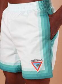 SUMWON 夏季沙滩泳裤运动休闲沙滩短裤弹力腰带透气游泳短裤水蓝色渐变运动户外泳池冲浪度假 - 綠色 - 查看 7