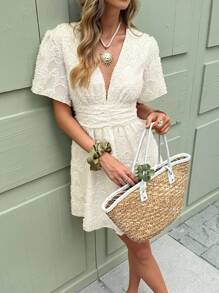 Serisse Women Summer Simple Textured Waisted Short Sleeve Dress,Bohemia,Summer Dresses For Women - Apricot - View 4