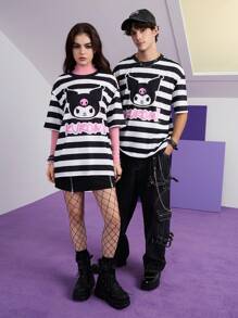 HELLO KITTY AND FRIENDS | SHEIN 男女款休闲宽松针织卡通图案黑白条纹印花短袖 T 恤，春夏 - 黑與白 - 查看 4