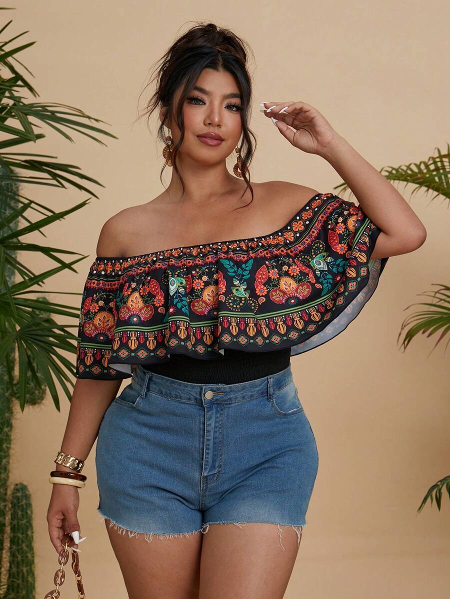 Flirla Plus Size Women Off Shoulder Ruched Floral Print Blouse, Elegant And Charming For Vacation, Gathering, Spring/Summer - Multicolor - View 1