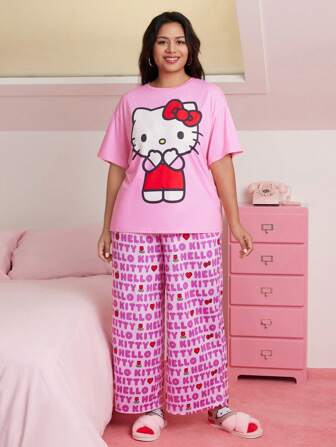 HELLO KITTY AND FRIENDS | SHEIN 大码休闲粉色卡哇伊猫咪印花上衣和全身印花休闲裤夏季睡衣套装