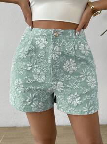 Flirla Quần short cắt ngẫu nhiên họa tiết hoa Jacquard rộng rãi thời trang cho nữ - màu xanh lá - Xem 6