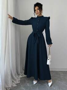 Lyxana 女士纯色荷叶边前扣长袖休闲长款收腰连衣裙长款女装