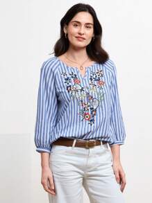 Miaspire 條紋圖案花卉刺繡缺口V領襯衫 - 彩色 - 查看 5