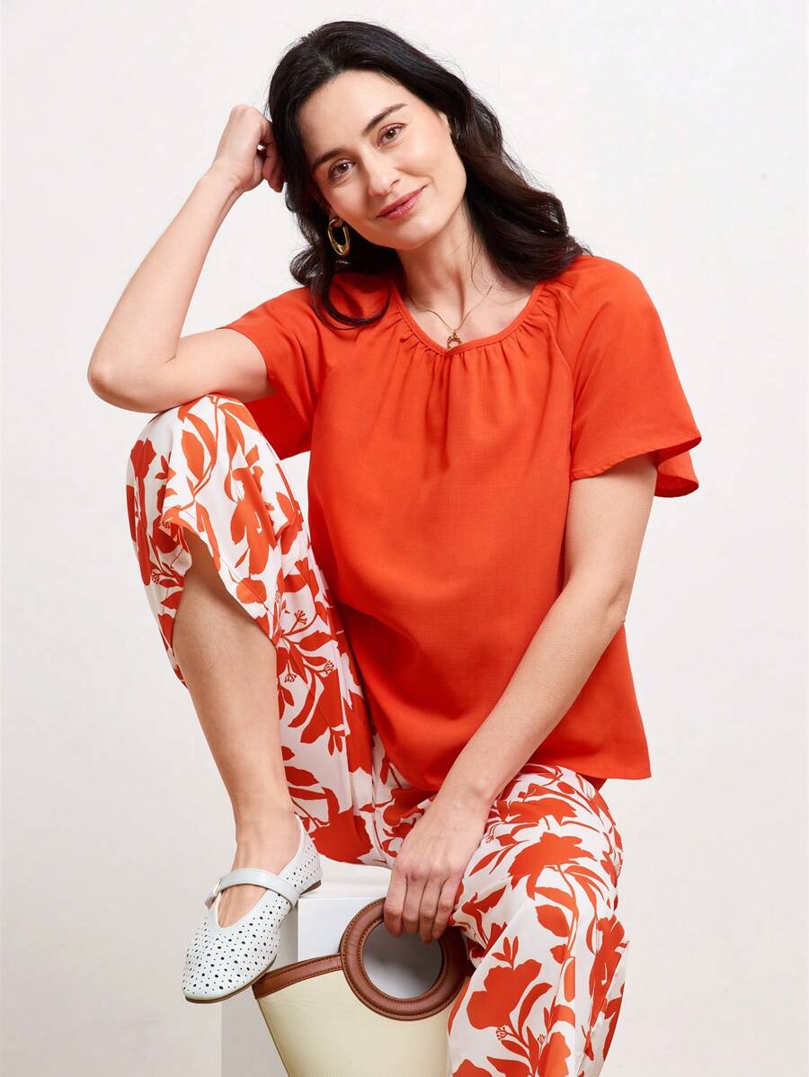 Miaspire Solid Blouse & Slant Pocket Plants Print Trousers - Multicolor - View 1