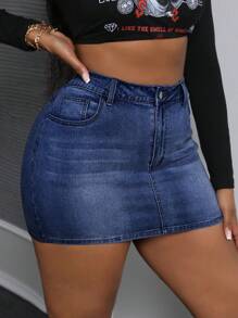 Slaydiva Plus Size Summer Denim Skirt With Button Front And Side Pockets - Dark Wash - View 4