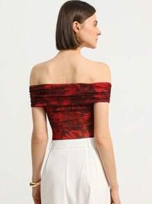 GENKIRA Red Ankura Floral Print Random Mesh Wrap Off Shoulder Romantic Elegant High-End Design Waist-Cinched Bodysuit For Women All Over Print  For Summer - Red - View 2