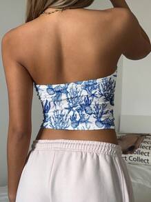 SHEIN EZwear 女式休闲露肩紧身上衣，全身海浪印花图案，适合夏季和度假 - 白色 - 查看 2