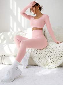 Gameset SHEIN Sport Conjunto de dos piezas con top sin costuras de alta elasticidad con agujeros para el pulgar y leggings con agujeros para mujer, atuendo deportivo para gimnasio - Rosa - Ver 1