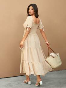 Elaquor Plus Size Solid Color Short Sleeve Long Dress, Casual Holiday Wear - Apricot - View 2