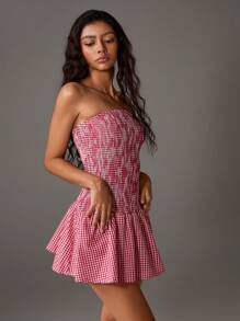 TRNVIE Women's Checkered Strapless Ruffle Dress, Casual & Fashionable For Summer Vacation - Red and White - View 7