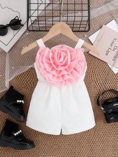 Infant (Girls) Elegant Fashion Cute Sweet Black Sleeveless Romper With Front Floral Decor, Summer