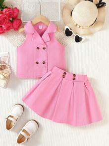 SHEIN 2 pièces Set Top Col mode + Jupe En Jean Plissée Pour Jeune Fille - Rose bonbon - Voir 3