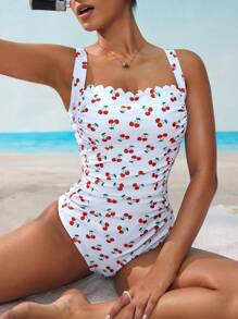 Swim Mod 女士樱桃印花弧形下摆休闲连体泳衣 - 彩色 - 查看 4
