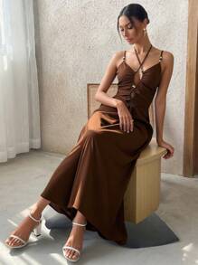 SHEIN VCAY Women's Long Dress,Coffee Brown,Summer,Casual,Vacation,Holiday,Spaghetti Strap,Sleeveless,Hollow Design,Fashionable,Music Festival,Modest Streetwear - Brown - View 4