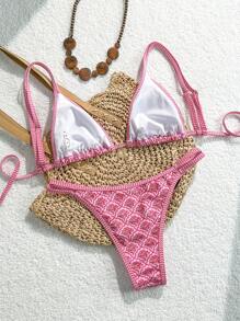 Elavelle Women's Random Print Adjustable Strap Tie-Up Two Pieces Bikini Set, Suitable For Beach Vacation, Summer - Multicolor - View 3