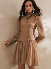 Anewsta Elegant Slimming Waist Vintage French Palace Style Minimalist A-Line Short Dress, Spring/Summer Outfit For Women - Coffee Brown - View 7