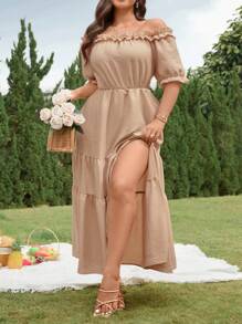 Breezaya Holidaya LUNE Women's Short Sleeve Dress With Ruffle Ruffle And Cinched Waist Detail Maxi Women Outfit - Apricot - View 1