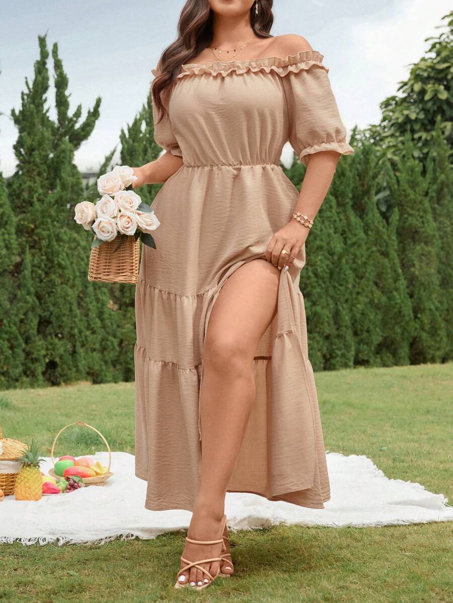 Breezaya Holidaya LUNE Women's Short Sleeve Dress With Ruffle Ruffle And Cinched Waist Detail Maxi Women Outfit - Apricot - View 1