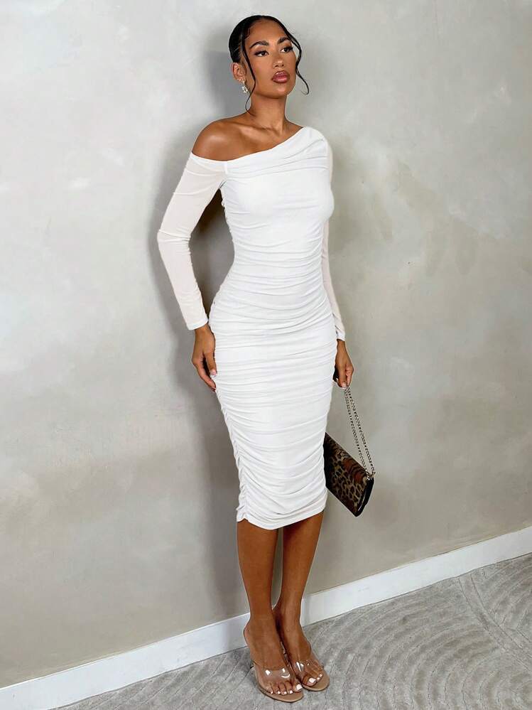 white long sleeve midi dress Work Business Slit Deep V Belted Dress-chiclody, White  US2 Airy Midi Skirt Voluminous Sleeves Dress, Midi Dress