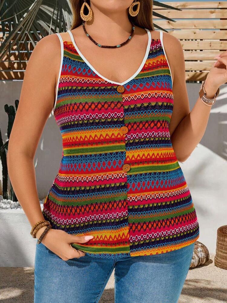 カラフルなストライプ刺繍入りカジュアルバケーションタンクトップ、バケーション、コンサート、ボヘミアンシック、ボヘミアン、女性の夏'