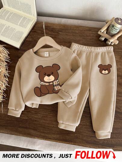 SHEIN Baby Boys Casual Minimalist Cartoon Bear Pattern Knit Soft Crew Neck Sweatshirt And Pants Set, Thicken For Autumn Winter