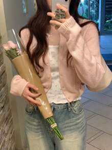 DAZY 宽松简约轻薄女士开衫，青春气息，重返校园服装 - 粉色 - 查看 4