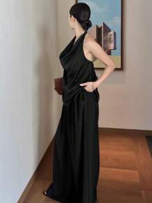 DAZY Women's Solid Color Fashionable Loose Draped Neck Top - Black - View 3