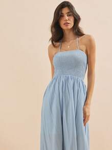 WESTFADE Light Blue Spring Crepe Smocked Bodice Tiered Ruffle Open Back Tassel Tie Maxi Halter Neck Dress - Baby Blue - View 3
