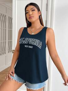 SHEIN EZwear Women's Plus Size California Graphic Print Casual Scoop Neck Rib-Knit Semi-Sheer Regular Length Tank Top