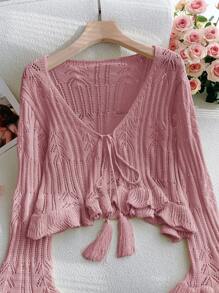 SHEIN Privé Plus Size Women's Casual Loose Bohemian Hollow Out Knit Cardigan, Tasseled Crochet Beach Coverup, Spring/Summer In Fall/Winter - Pink - View 3