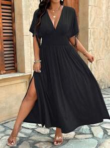 SHEIN LUNE Plus Size Soft Knit Adjustable Shoulder Line Romper With Short Sleeves, Drawstring Waist, Side Slit, V-Neck, Casual For Outing & Holiday - Black - View 4