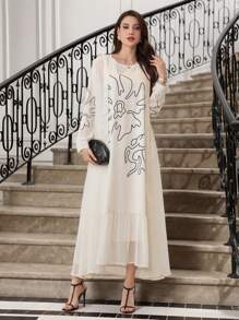 SHEIN Najma Bộ 2 món: Váy không tay họa tiết hoa lớn + khăn choàng, dành cho nữ, Xuân/Hè, kín đáo - Nhiều màu - Xem 1