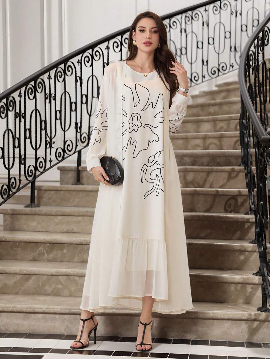 SHEIN Najma Bộ 2 món: Váy không tay họa tiết hoa lớn + khăn choàng, dành cho nữ, Xuân/Hè, kín đáo - Nhiều màu - Xem 1