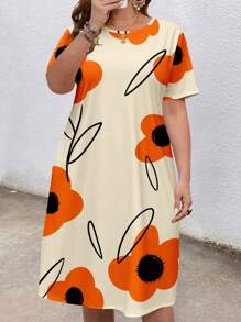 Mellowie Gaun Musim Panas Motif Bunga Blok Warna Ukuran Besar Gaya Boho Cocok untuk Pergi Keluar, Gaun Chic - Jeruk - View 5