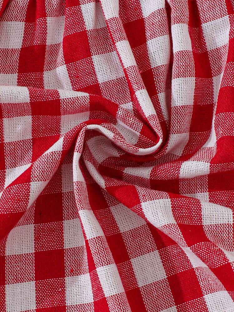 SHEIN Vintaside Kids فستان بناتي كاجوال قابل للارتداء في أي مكان مع أكمام قصيرة على شكل مربعات، مناسب للاستخدام في الخارج أو في المنزل اليومي - الأحمر - مشاهدة 5