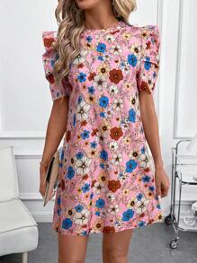SHEIN Clasi Women's Boho Floral Print Mini Dress With Short Puff Sleeves And Round Neckline - Pink - View 1