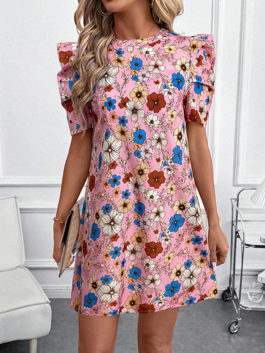 SHEIN Clasi Women's Boho Floral Print Mini Dress With Short Puff Sleeves And Round Neckline - Pink - View 1