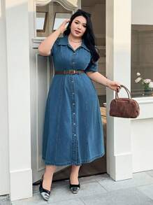 SHEIN ICON Plus Size Solid Color Front Button Summer Casual Short Sleeve Denim Dress