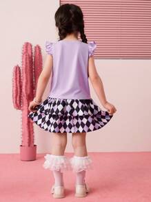 HELLO KITTY AND FRIENDS | SHEIN 少女卡通印花紫色盖袖可爱甜美盖袖T恤和黑紫色格子校裙两件套