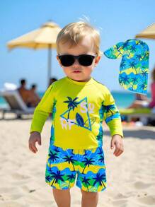 SHEIN Bộ đồ bơi 3 món in hình cây dừa thường ngày cho bé trai/bé gái quần short dài tay + mũ chống nắng, thích hợp cho kỳ nghỉ xuân/hè, đi chơi, du lịch, bãi biển, hồ bơi, tiệc tùng - màu xanh lá - Xem 8