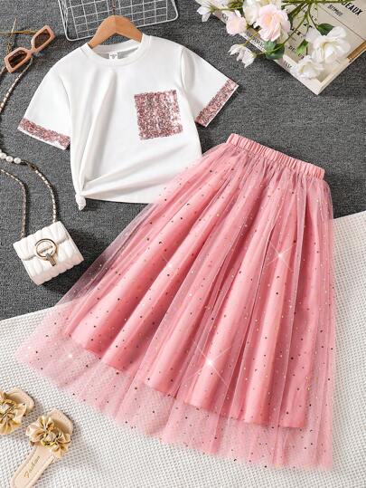 Set de 2 piezas de camiseta de manga corta con cuello redondo y decoración de lentejuelas + falda elegante brillante de malla con lentejuelas, para niña preadolescente, para primavera/verano