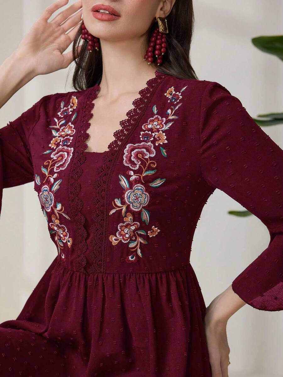 Al Najma Casual Embroidered Dress For Women, Women Black Long Dress - Burgundy - View 1